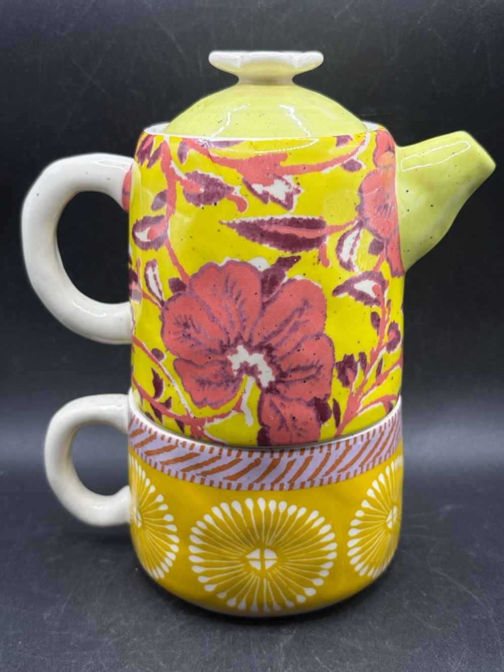 Anthropologie Floral Tea-for-One Set Hand Painted Stoneware Teapot & Teacup Mug